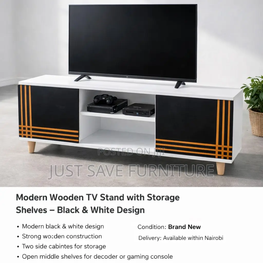Modern Wooden Tv Stand With Storage Shelves – Black White Design