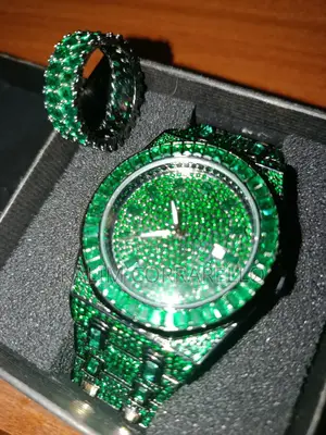 Full Iced Out Emerald Green Luxury Watch + Ring Set – Bling King