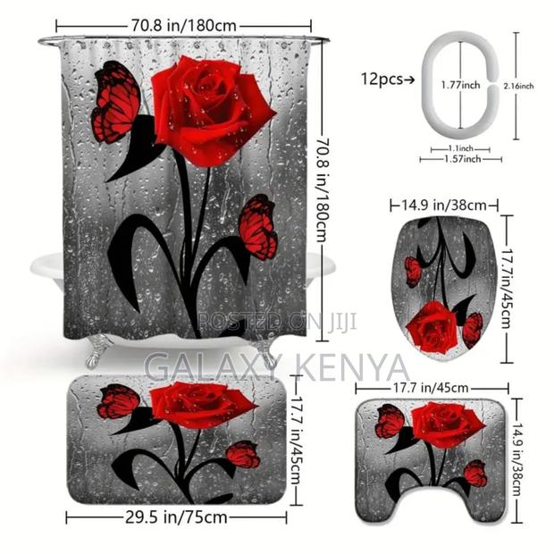 Bathroom Woolen Mats With a Waterproof Shower Curtain Set - 4pcs - thumbnail 6