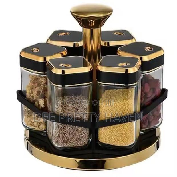 Luxury 360° Rotating Spice Rack | 6 Glass Jar Set With Golden Lids - thumbnail 2
