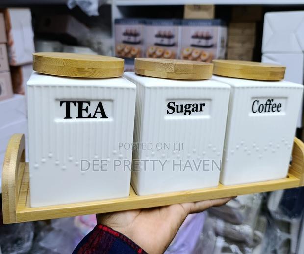 3pc Ceramic Canister Set With Bamboo Lids and Place On - main view