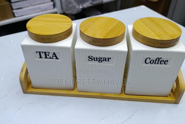 3pc Ceramic Canister Set With Bamboo Lids and Place On - thumbnail 2