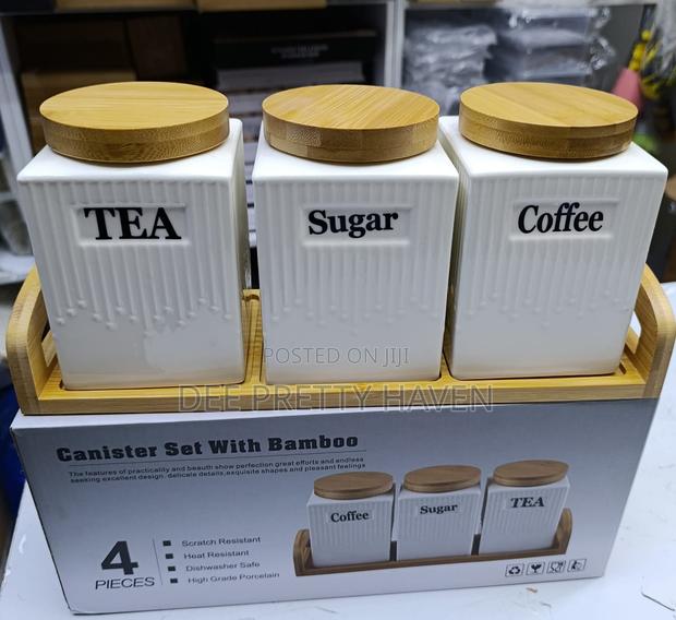 3pc Ceramic Canister Set With Bamboo Lids and Place On - thumbnail 3