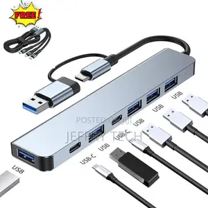 Usb + Type-C 7-in-1 Hub With Free 3-in-1 Charging Cable, Dual Interfac