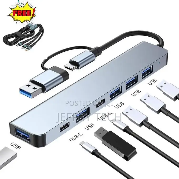 Usb + Type-C 7-in-1 Hub With Free 3-in-1 Charging Cable, Dual Interfac