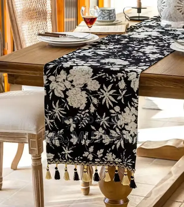 Beautiful Black Floral Table Runner With Stylish Tassel Edges