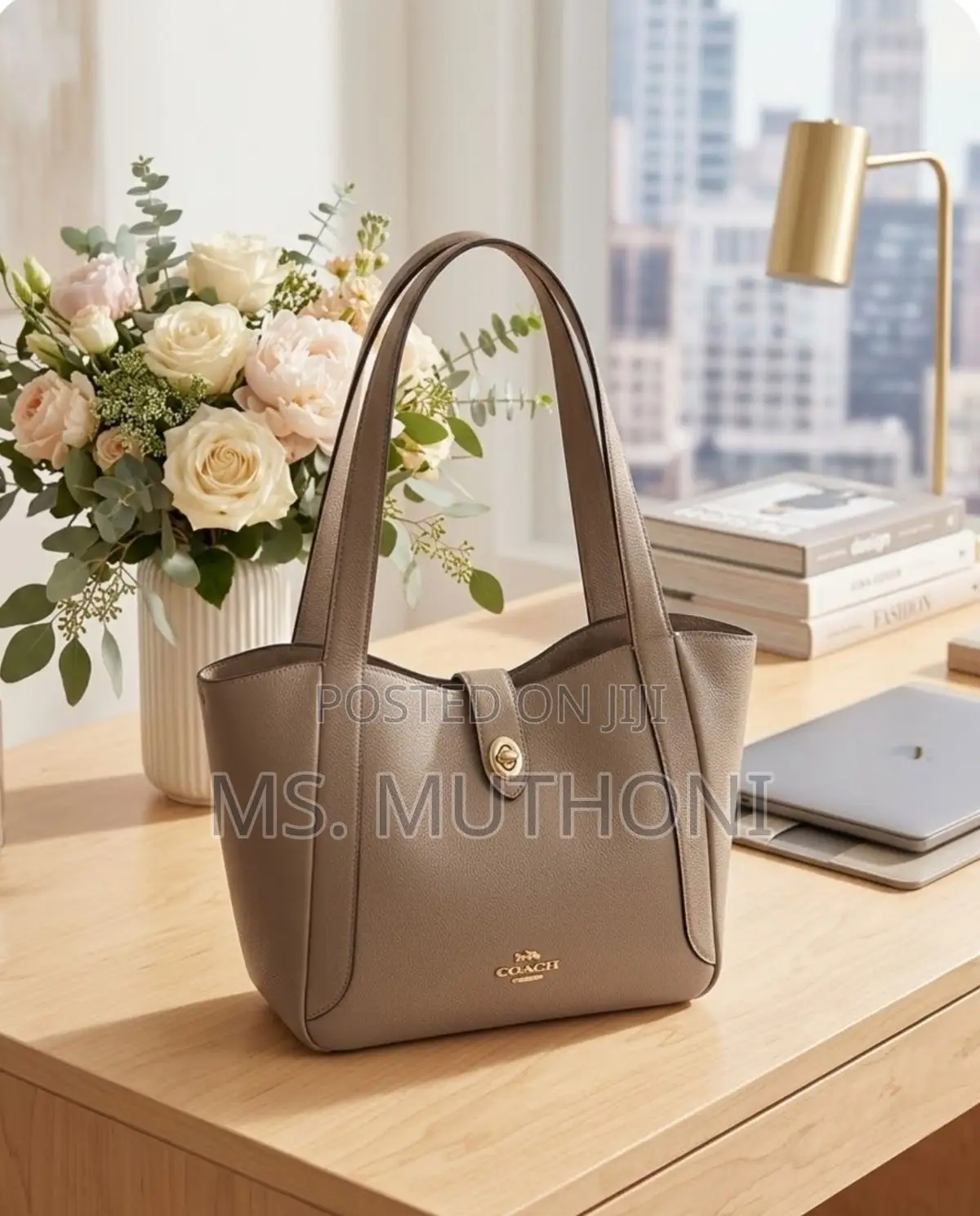 Coach Hadley Turnlock Tote Bag in Signature Canvas and Smooth Leather