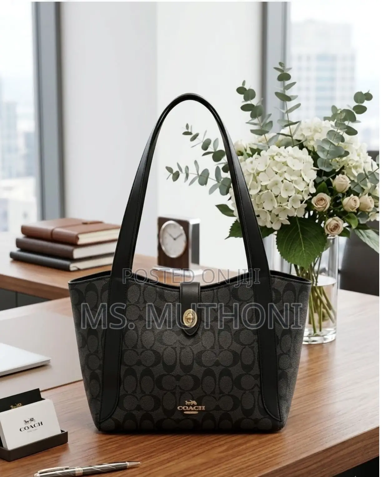 Coach Hadley Turnlock Tote Bag in Signature Canvas and Smooth Leather