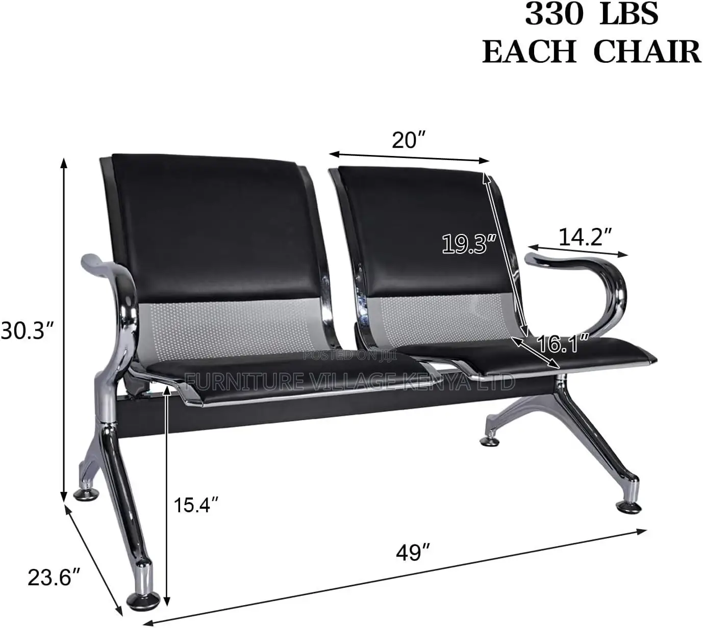Office Bench ; 2-seater Black Reception Office Bench