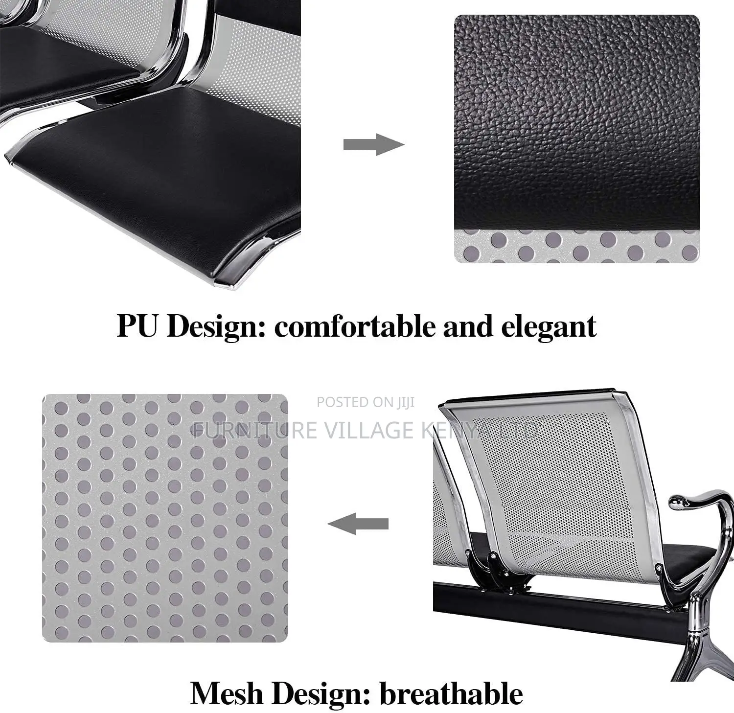 Office Bench ; 2-seater Black Reception Office Bench