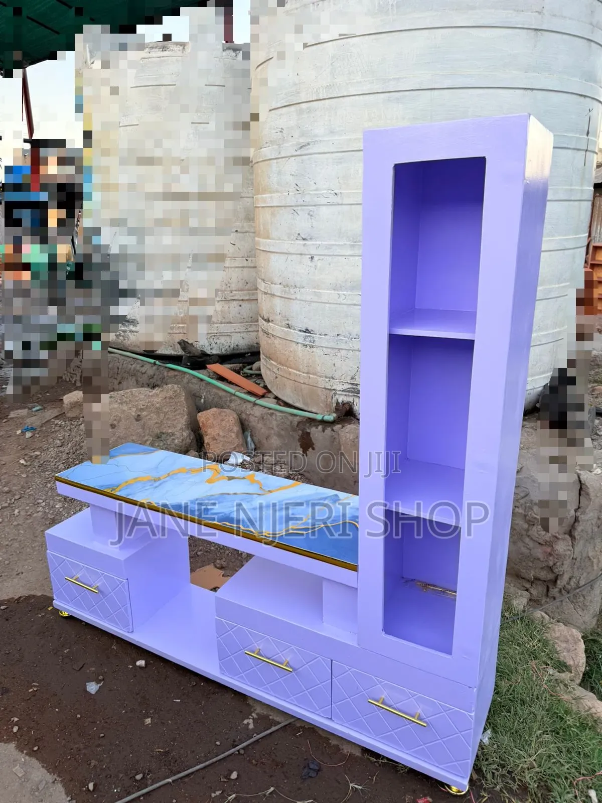 Executive Tv Stand With Marble Coating And Shelf Cabinet