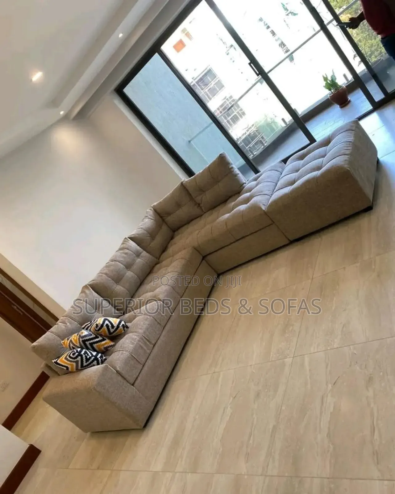 Beige L-Shape Sofa 5 Seater+ Ottoman