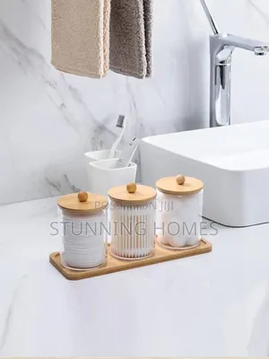 Set of 3 Acrylic Swabs Storage With a Bamboo Tray