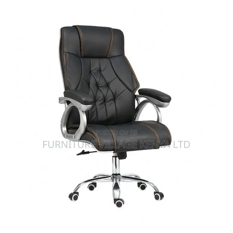 Office Chair; Black Leather With Wheels Office Chair