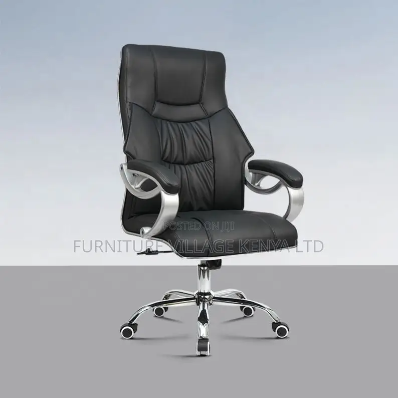 Office Chair; Black Leather With Wheels Office Chair
