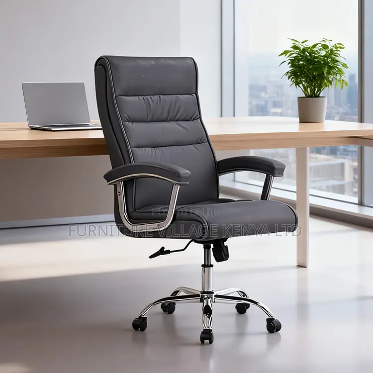 Office Chair ; Black Leather Adjustable Office Chair Fixed Arms