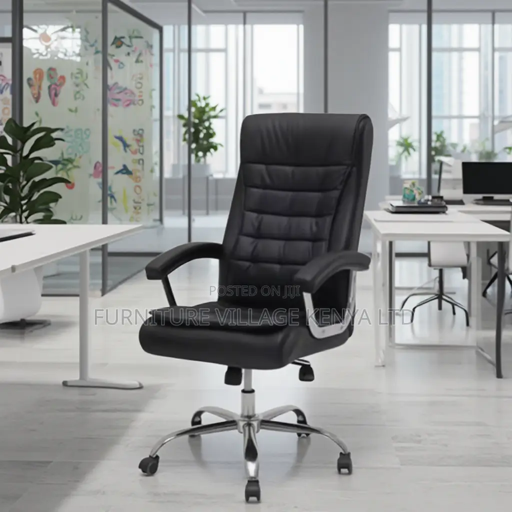 Office Chair ; Black Leather Adjustable Office Chair Fixed Arms