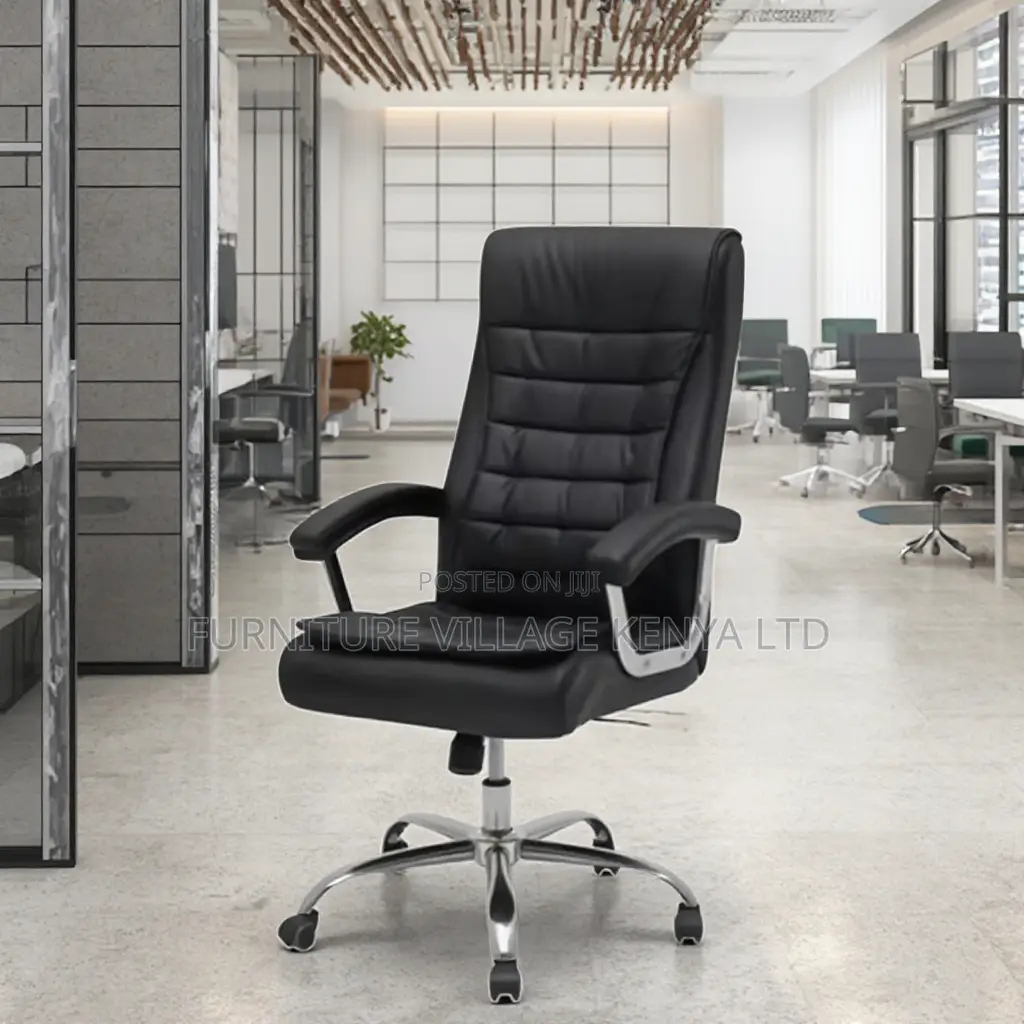 Office Chair ; Black Leather Adjustable Office Chair Fixed Arms