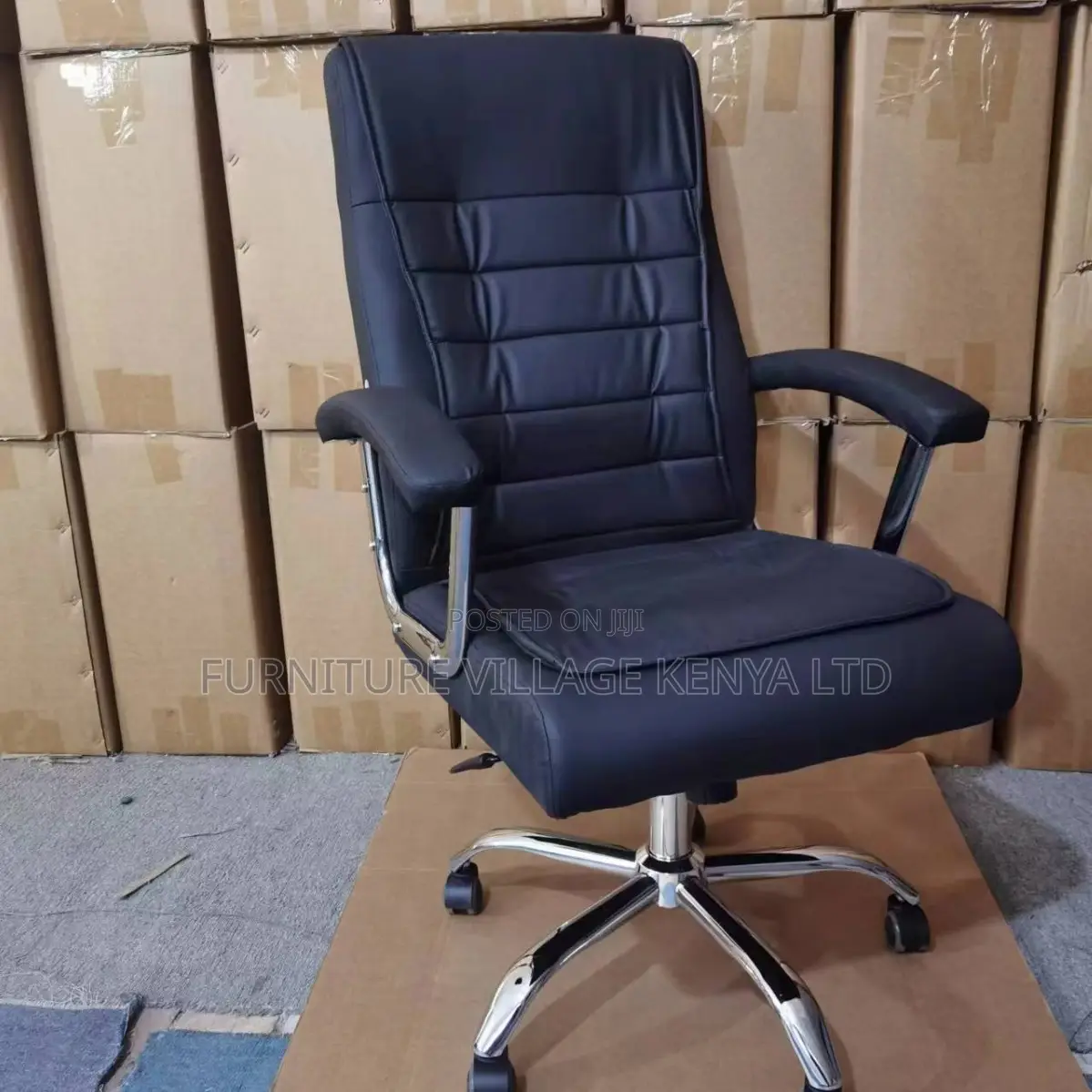 Office Chair ; Black Leather Adjustable Office Chair Fixed Arms