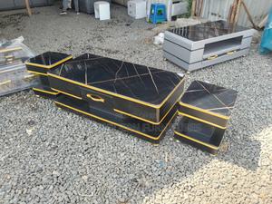 Black Gold Coffee Table Set - Marble Top With 2 Stools - main view
