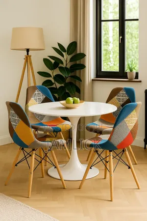 80cm Wooden Top Round Table Patchwork Eames Chair - Th