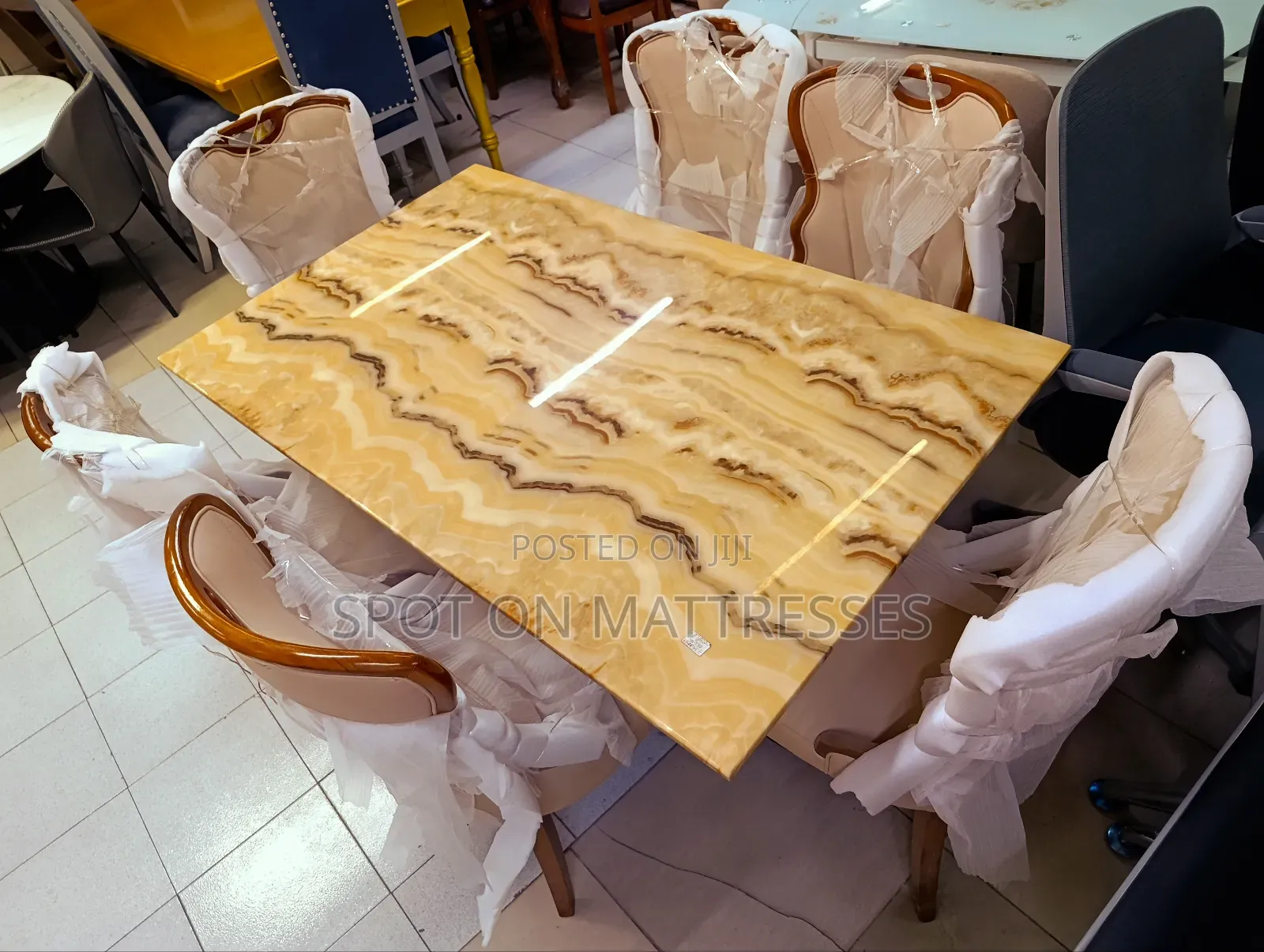 High-end Family Dining Set.Pure Marble Top Table + 6 Leather Seats.