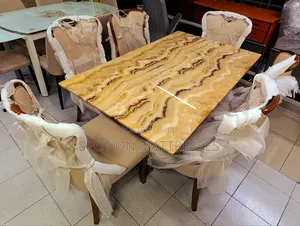 High-end Family Dining Set.Pure Marble Top Table + 6 Leather Seats.