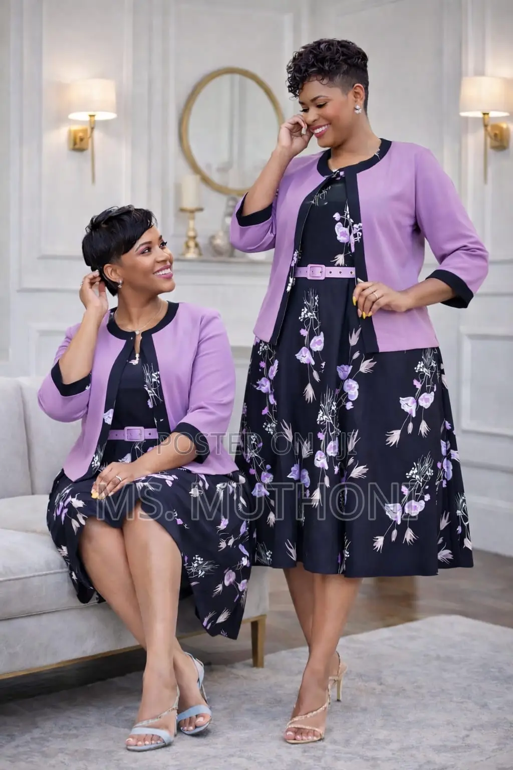 *Two-Piece Coat Floral Midi Dress 44-54