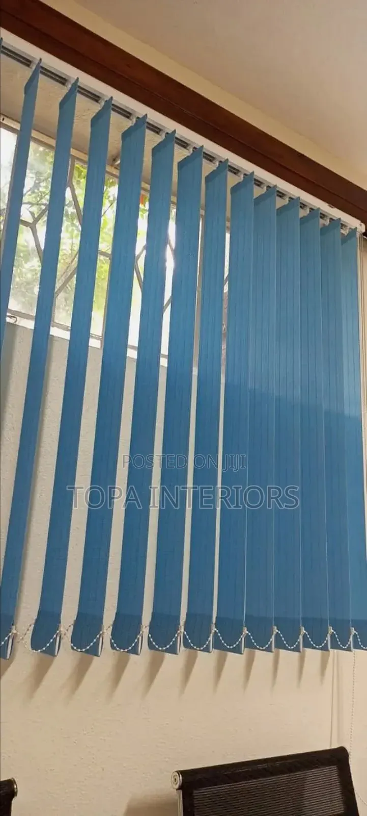 Light Blue Vertical Window Blinds That Act as Office Curtains