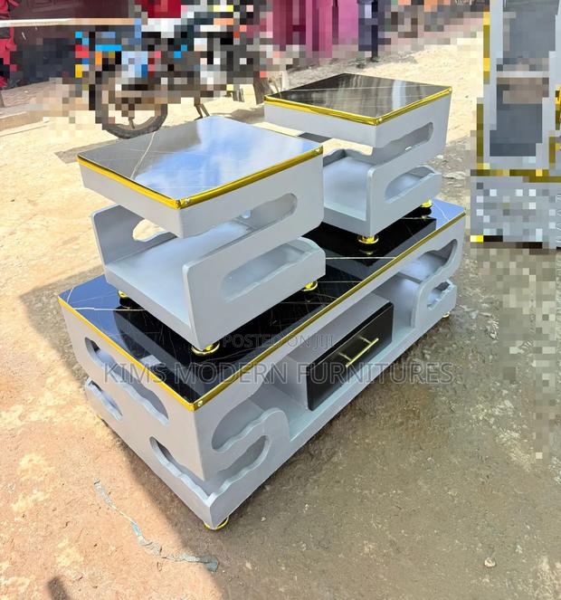 Table White With 2 Stools Marble Top Black With Gold Belt 2×4feet - main view