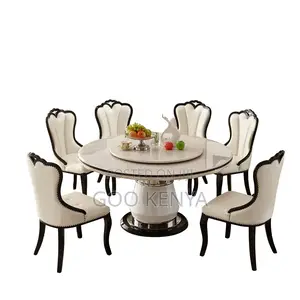 Home Dining Table; 6-person White Round Dining Turn Table Set