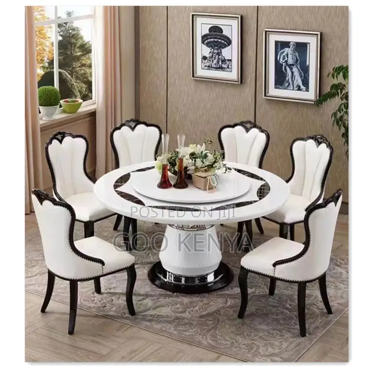 Home Dining Table; 6-person White Round Dining Turn Table Set