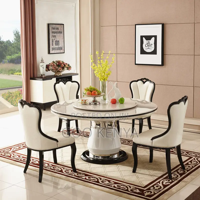 Home Dining Table; 6-person White Round Dining Turn Table Set