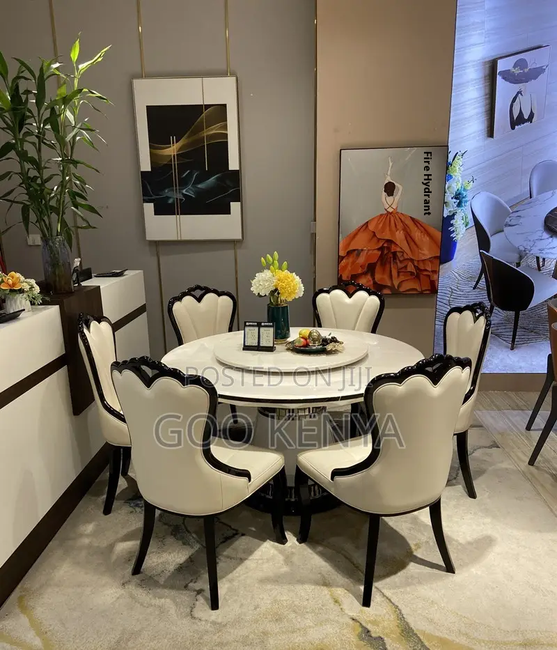Home Dining Table; 6-person White Round Dining Turn Table Set