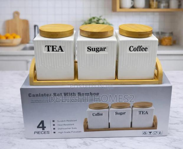 3pc Ceramic Canister Set With Bamboo Lids Tray-Ca - main view