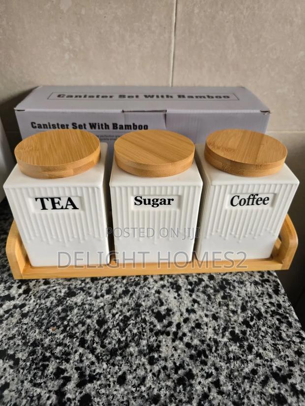 3pc Ceramic Canister Set With Bamboo Lids Tray-Ca - thumbnail 4