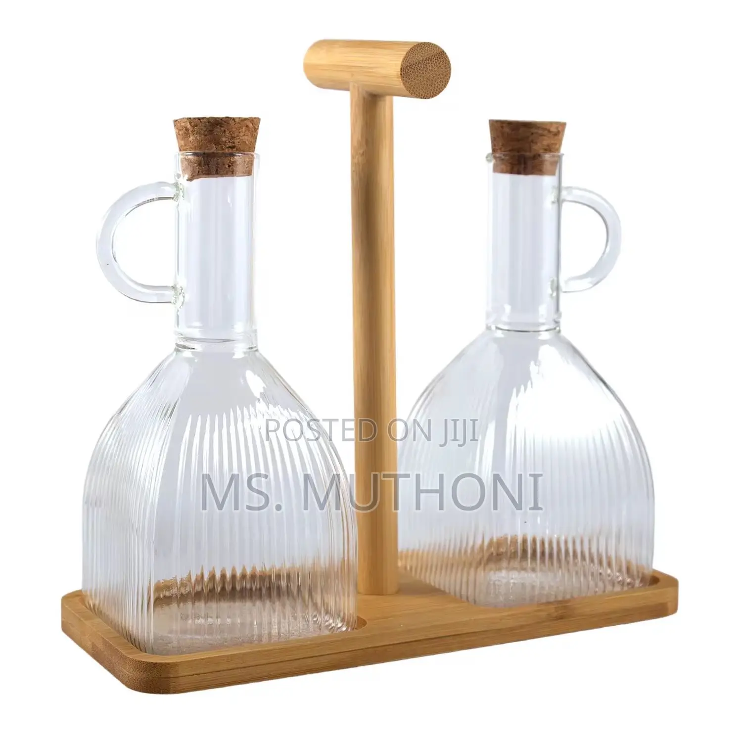 Two PCS Glass Oil and Vinegar Cruets on a Bamboo Stand