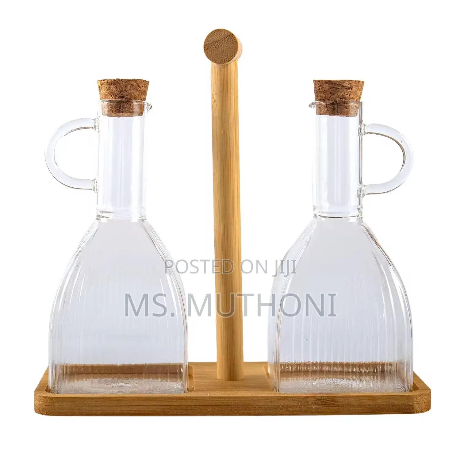 Two PCS Glass Oil and Vinegar Cruets on a Bamboo Stand