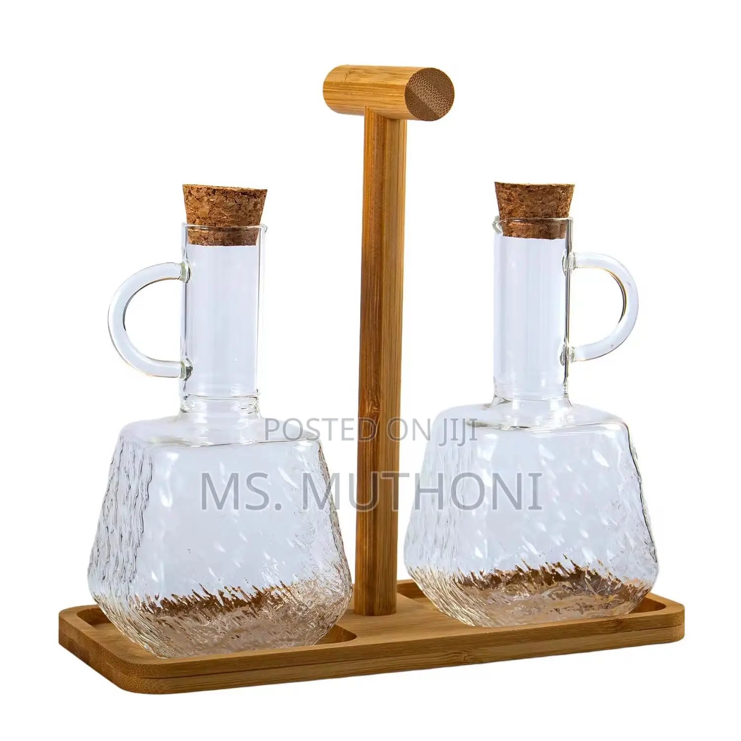 Two PCS Glass Oil and Vinegar Cruets on a Bamboo Stand