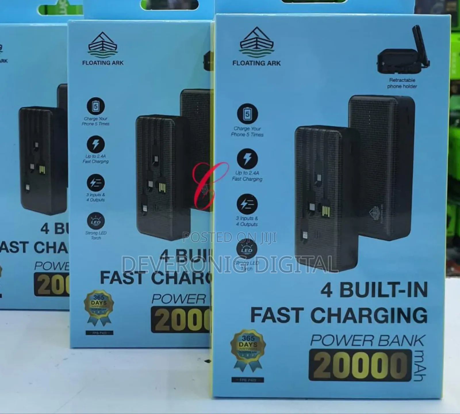 20,000mah Power Bank With4 Built in Cables *Retractable Phone Holder