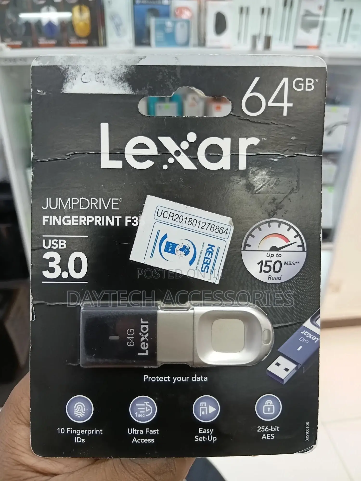 Lexar Jumpdrive F35 64gb Finger Print Usb3 Flash Drive - Upto 150mb/S