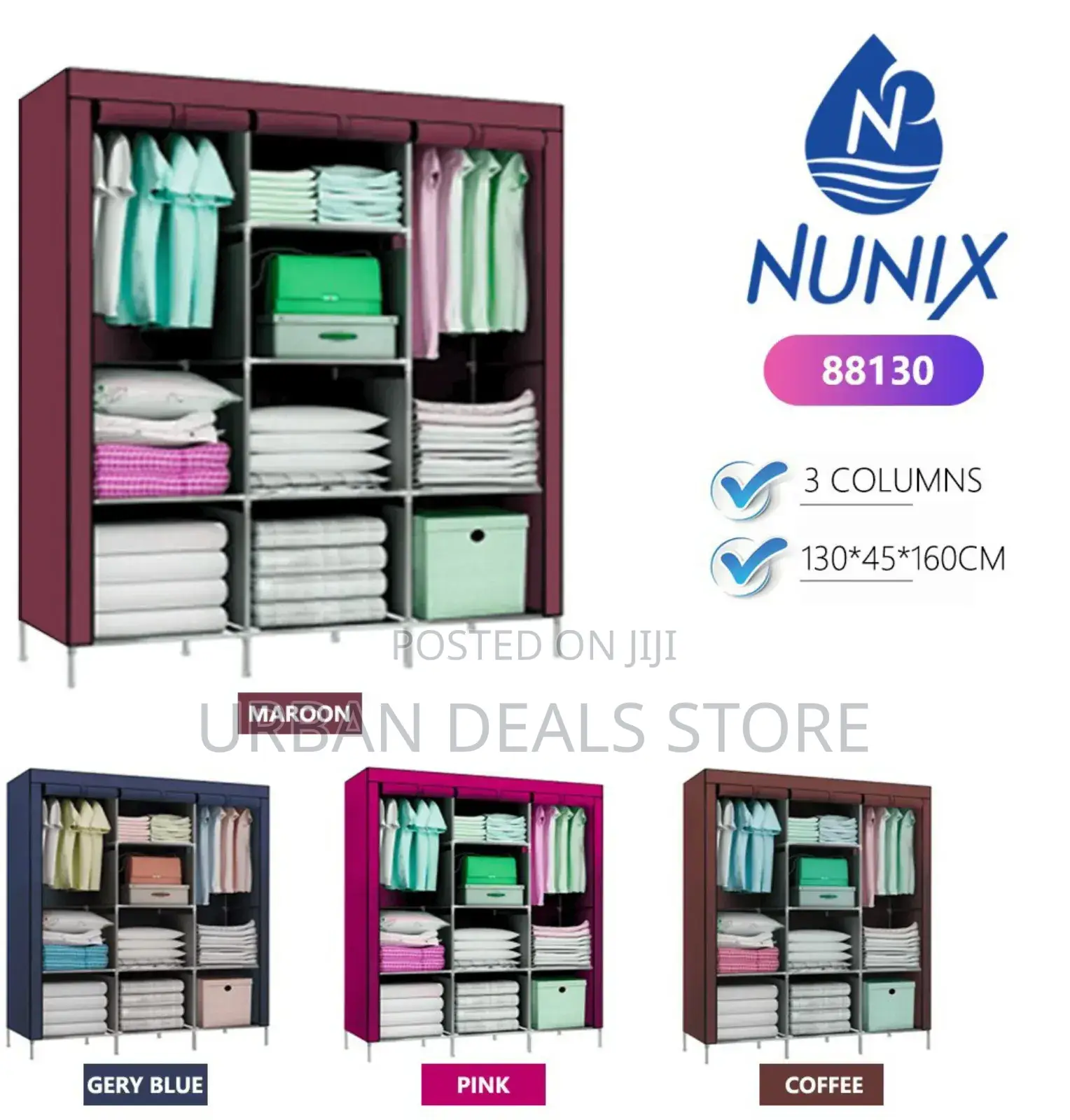 3-Column Portable Metallic Heavy- Duty Wardrobe