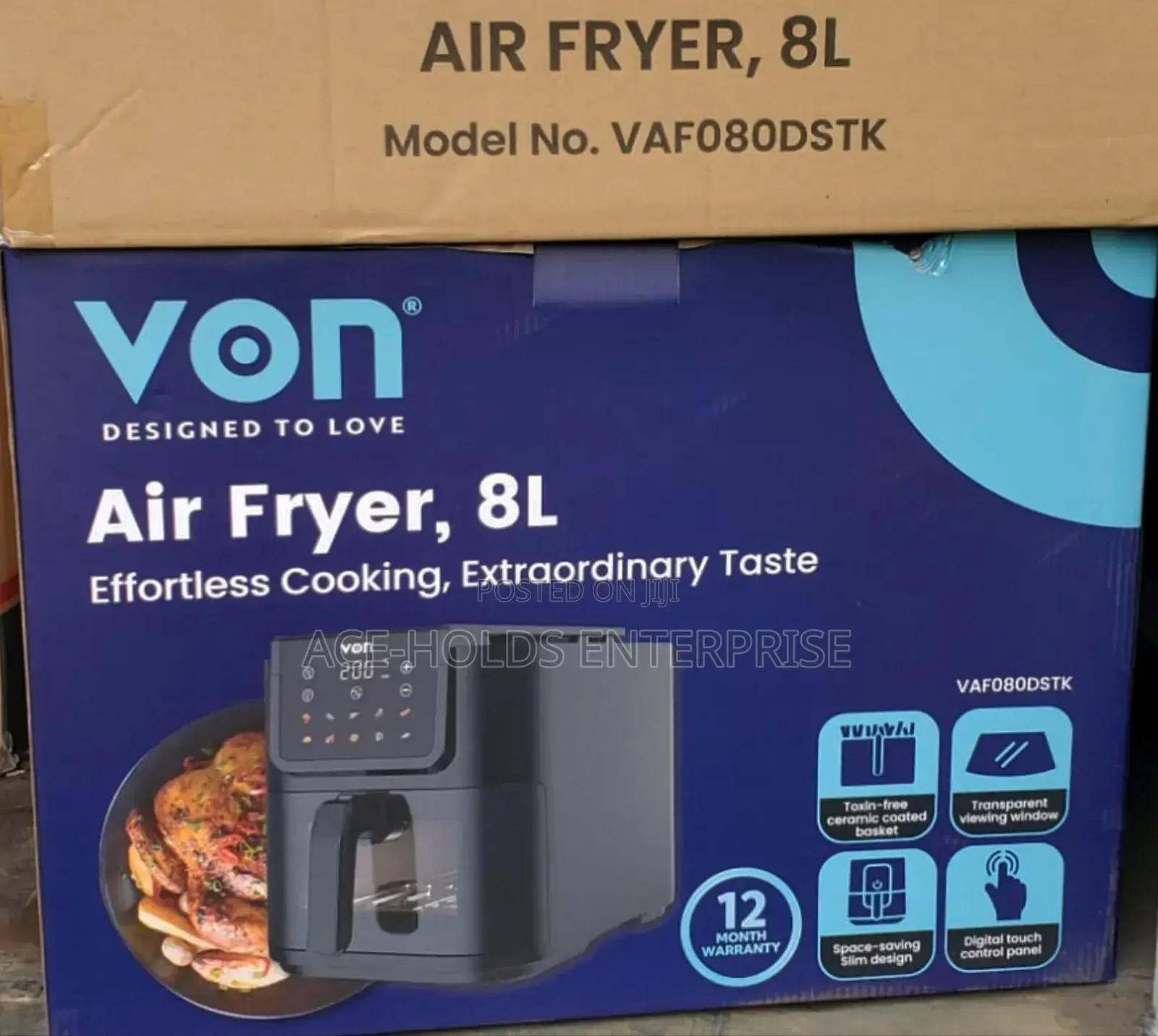 Von 8 Litres Digital Slim Design Air Fryer - Toxon Coated Basket
