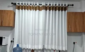 Brown Themed White Kitchen Window Set With Eyelates