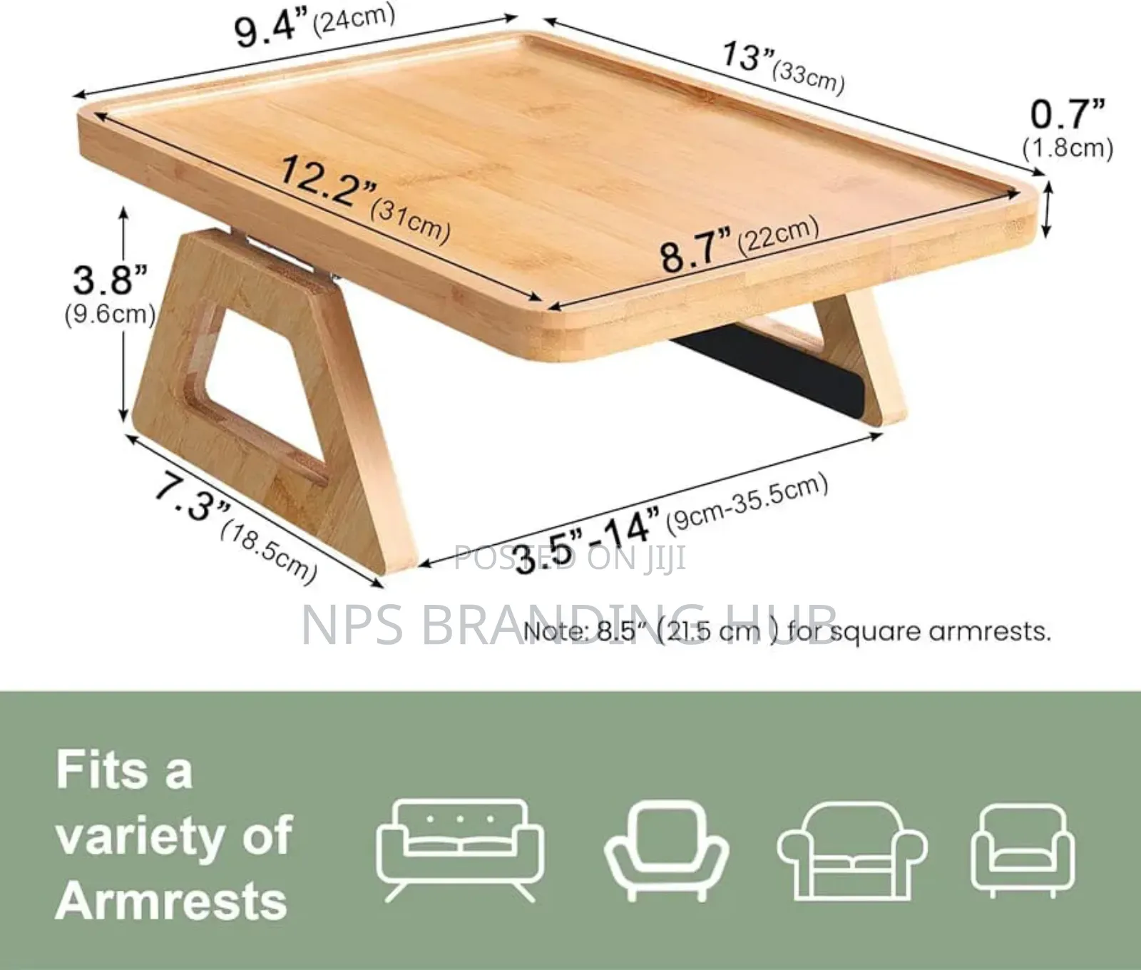 Foldable Wooden Sofa Armrest Tray Clip on Table 33cm by 24cm R.T