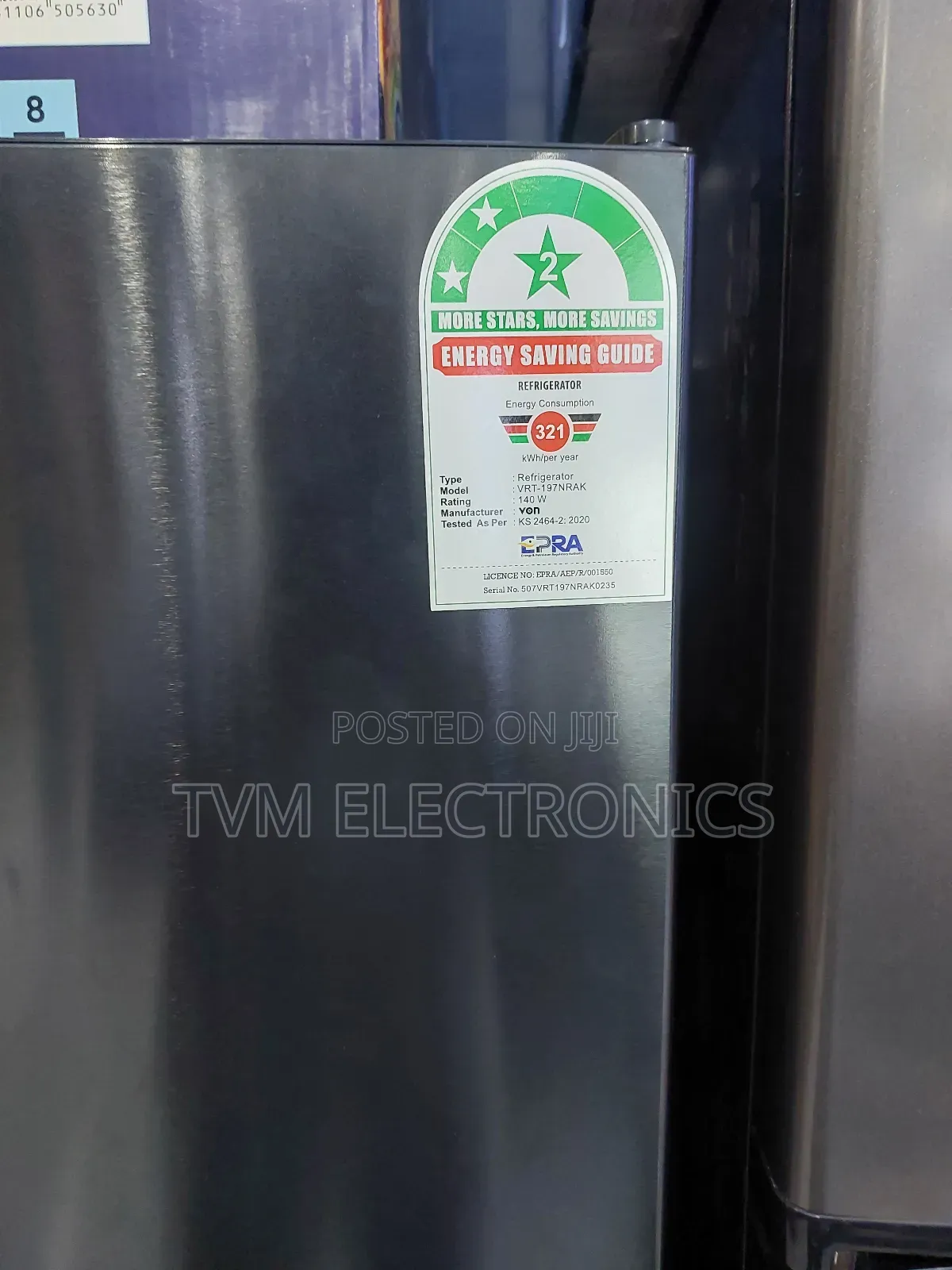 Von VRT-197nrak Double Door Fridge, Top Mount Freezer No Frost- 197l
