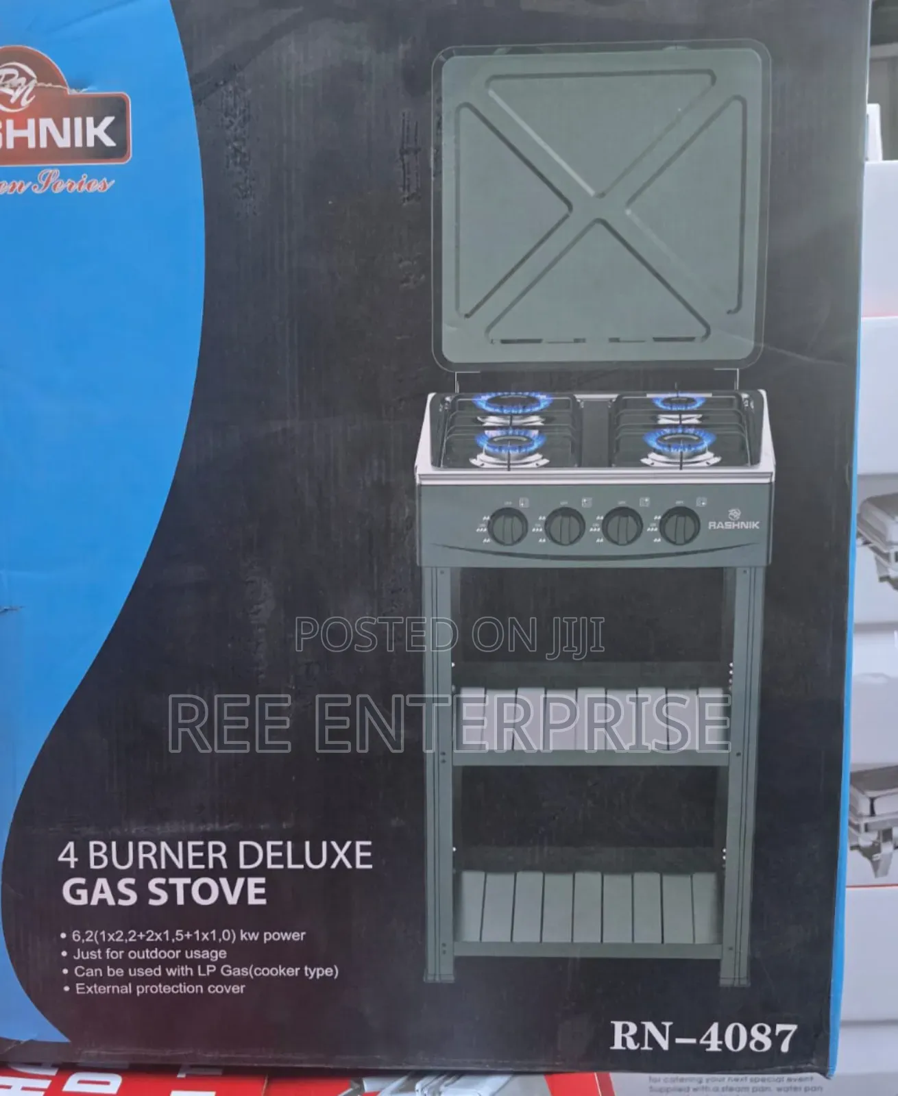 4 Burner Deluxe  Rashnik Gas Stove 
With Shelves Standing Cooker
