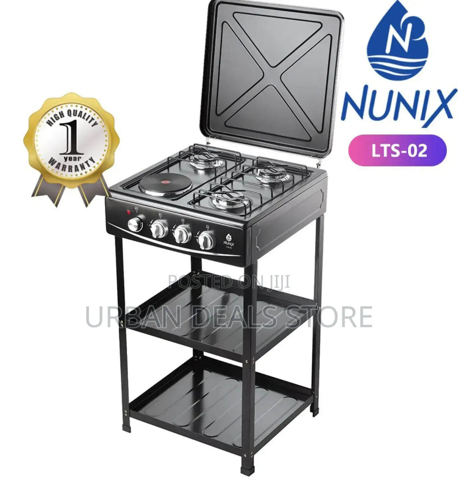 Nunix Cooker 3 Gas +1 Electric Plate Standing Cooker + Shelves