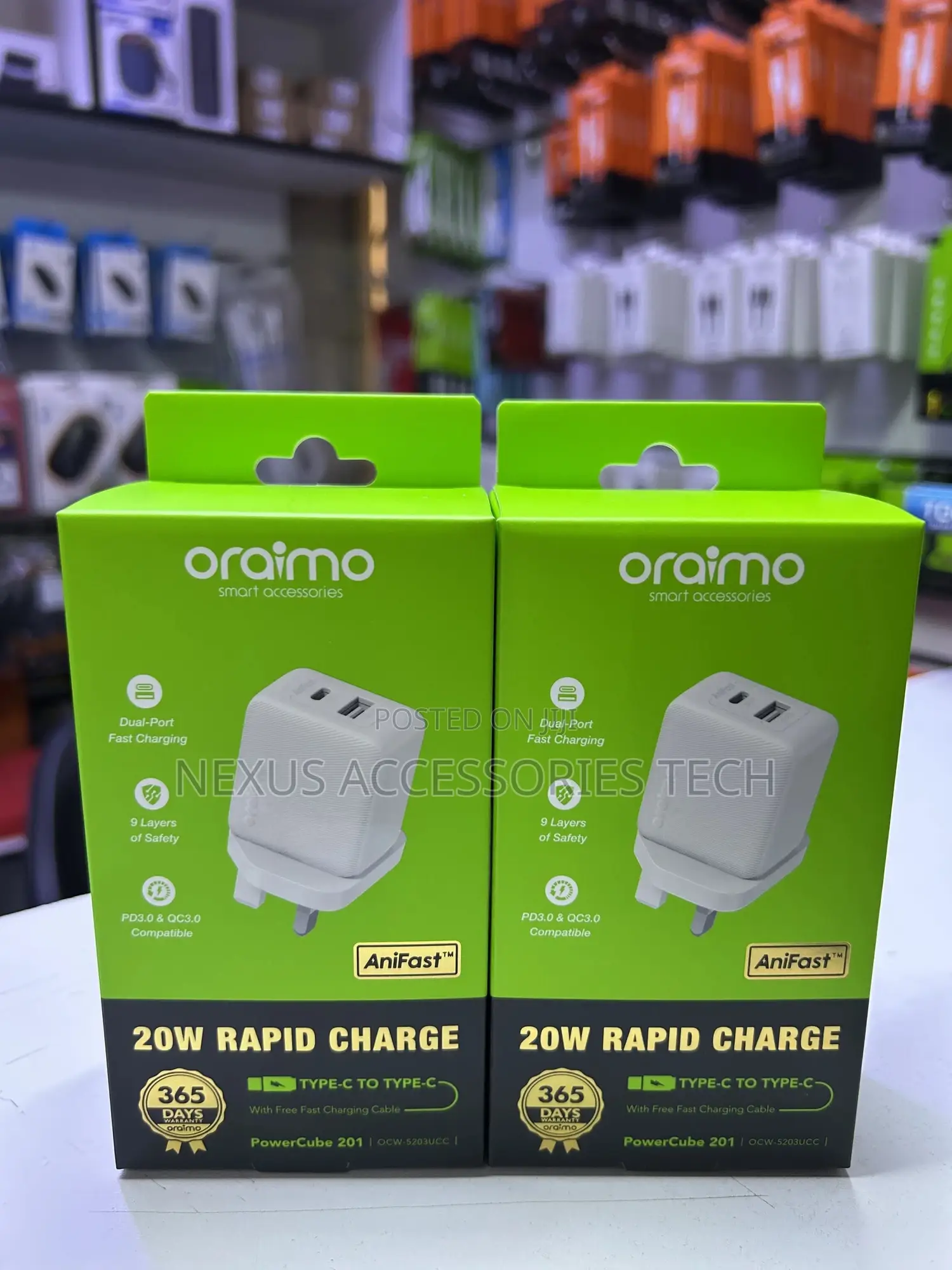 Oraimo Powercube 201 20w Fast Charger – Type-C to Type-C, 2 Usb Ports