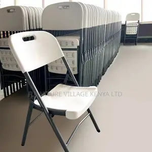 Office Chair; White Plastic Folding Chair With Grey Metal Frame